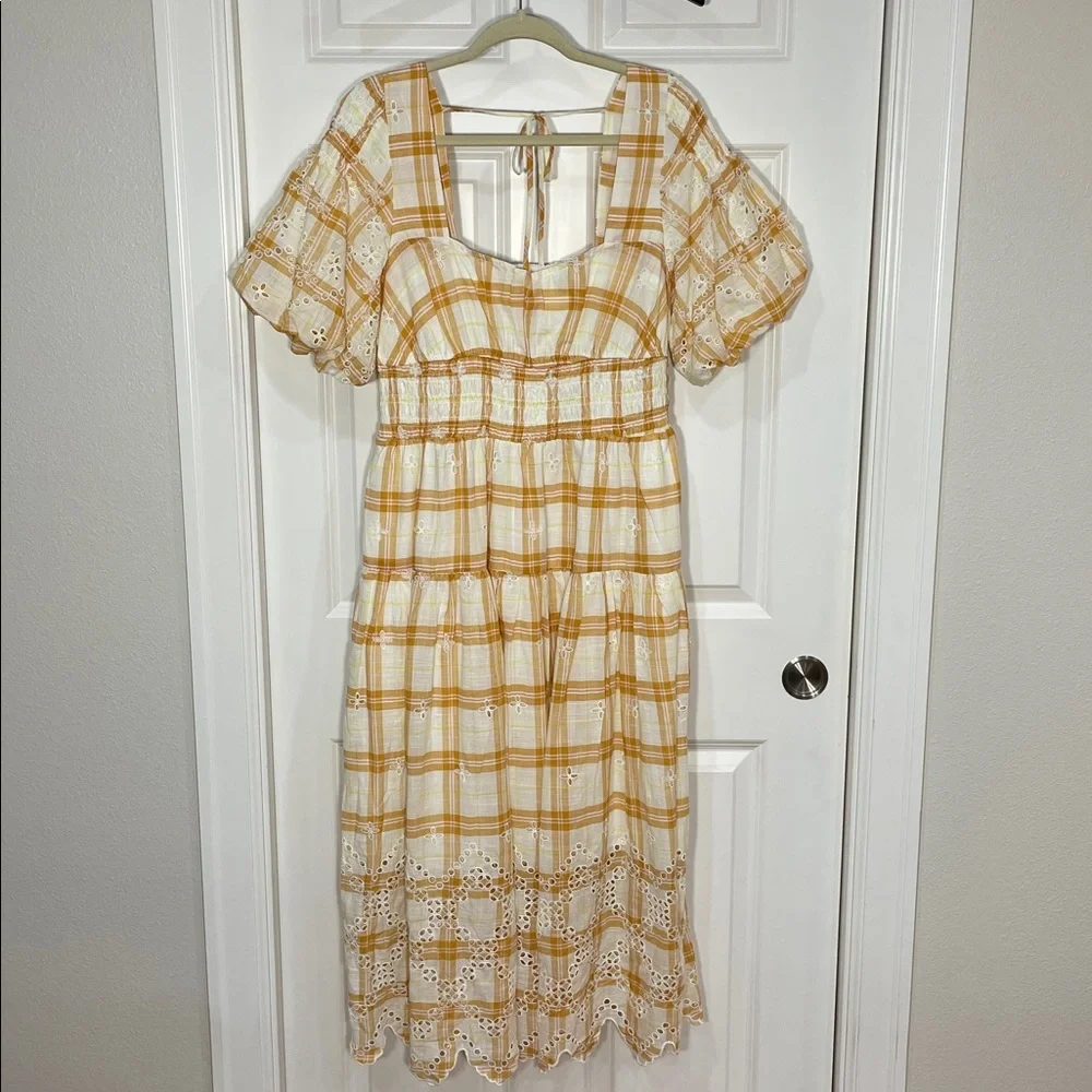 Anthropologie Puff-Sleeve Eyelet Midi Dress Size Large Smocked Plaid Yellow - Picture 10 of 17